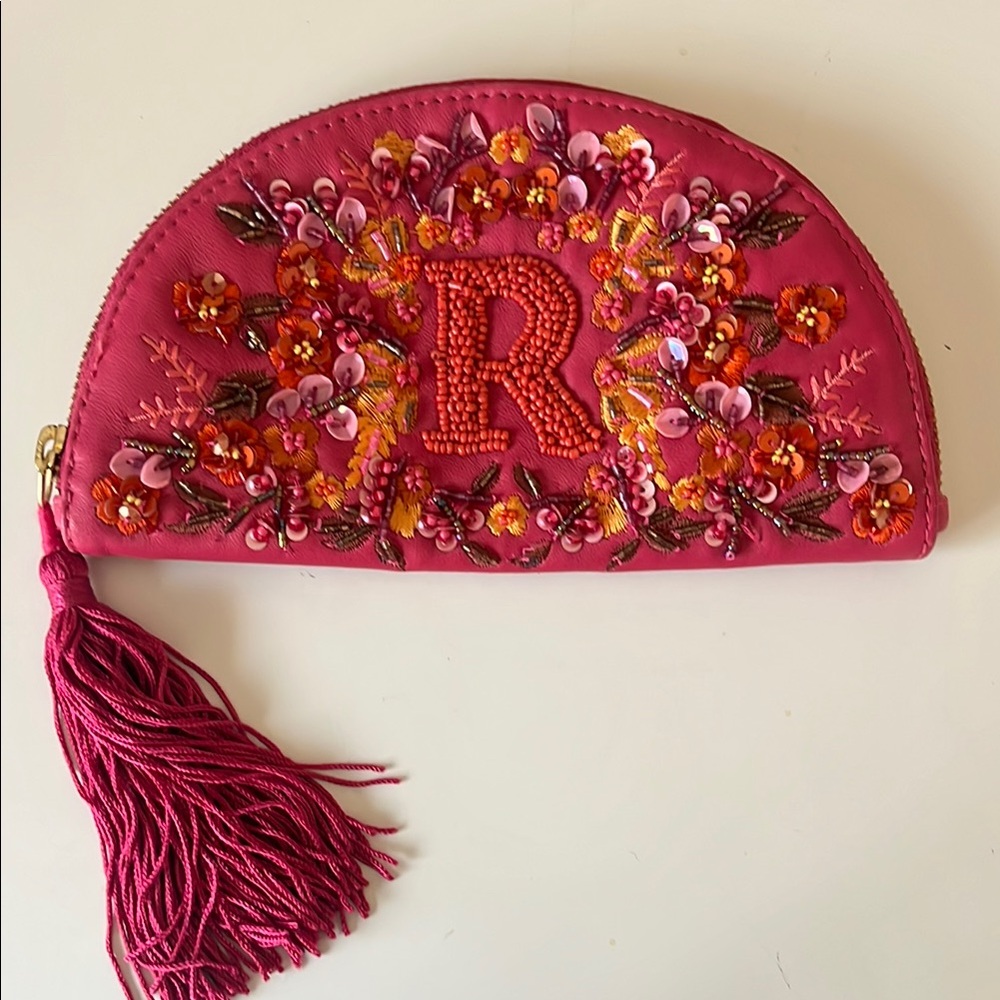 Embroidered Pink Clutch with Tassel